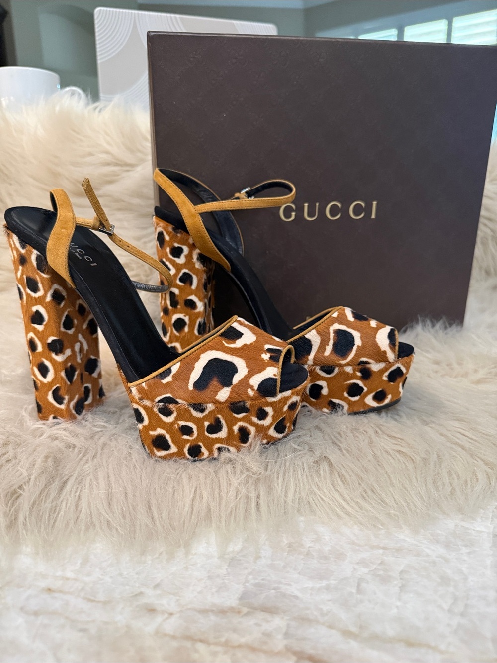 Gucci Leopard Print Platform Sandals in Brown and Black